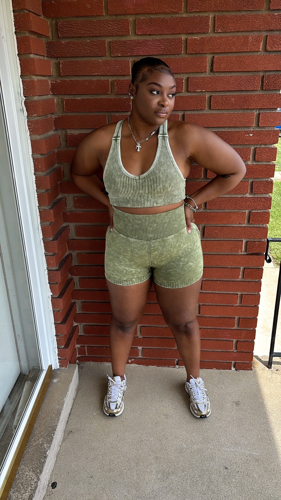 Olive Stone Washed Short Set