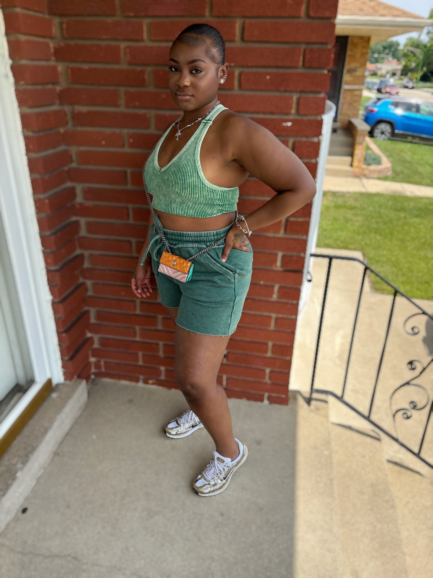 Green Acid Wash Short Set