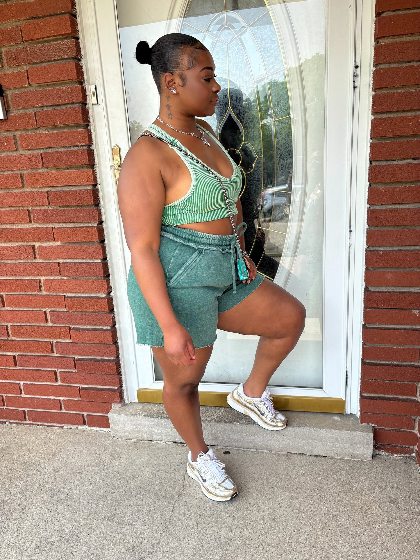 Green Acid Wash Short Set