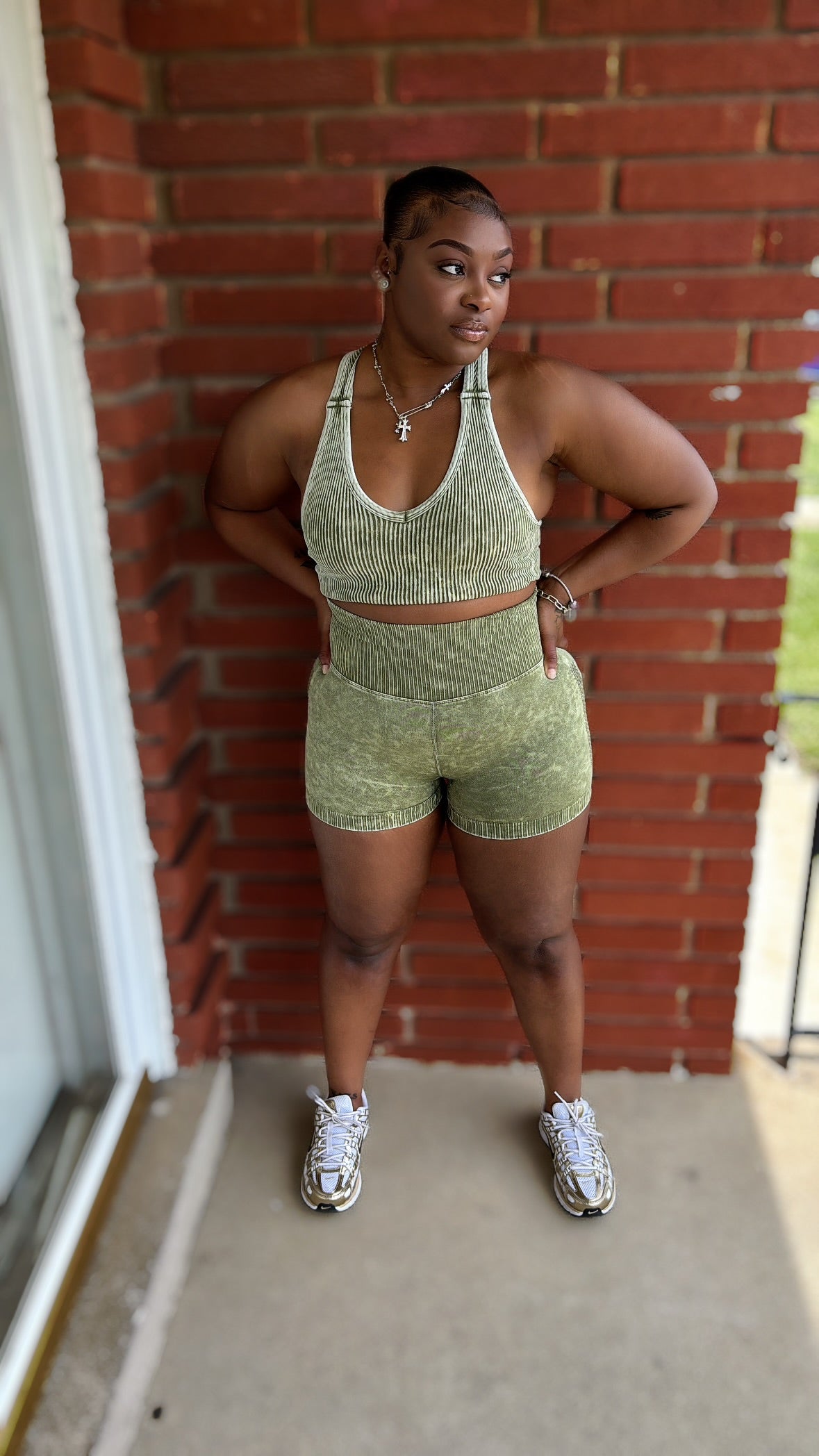 Olive Stone Washed Short Set