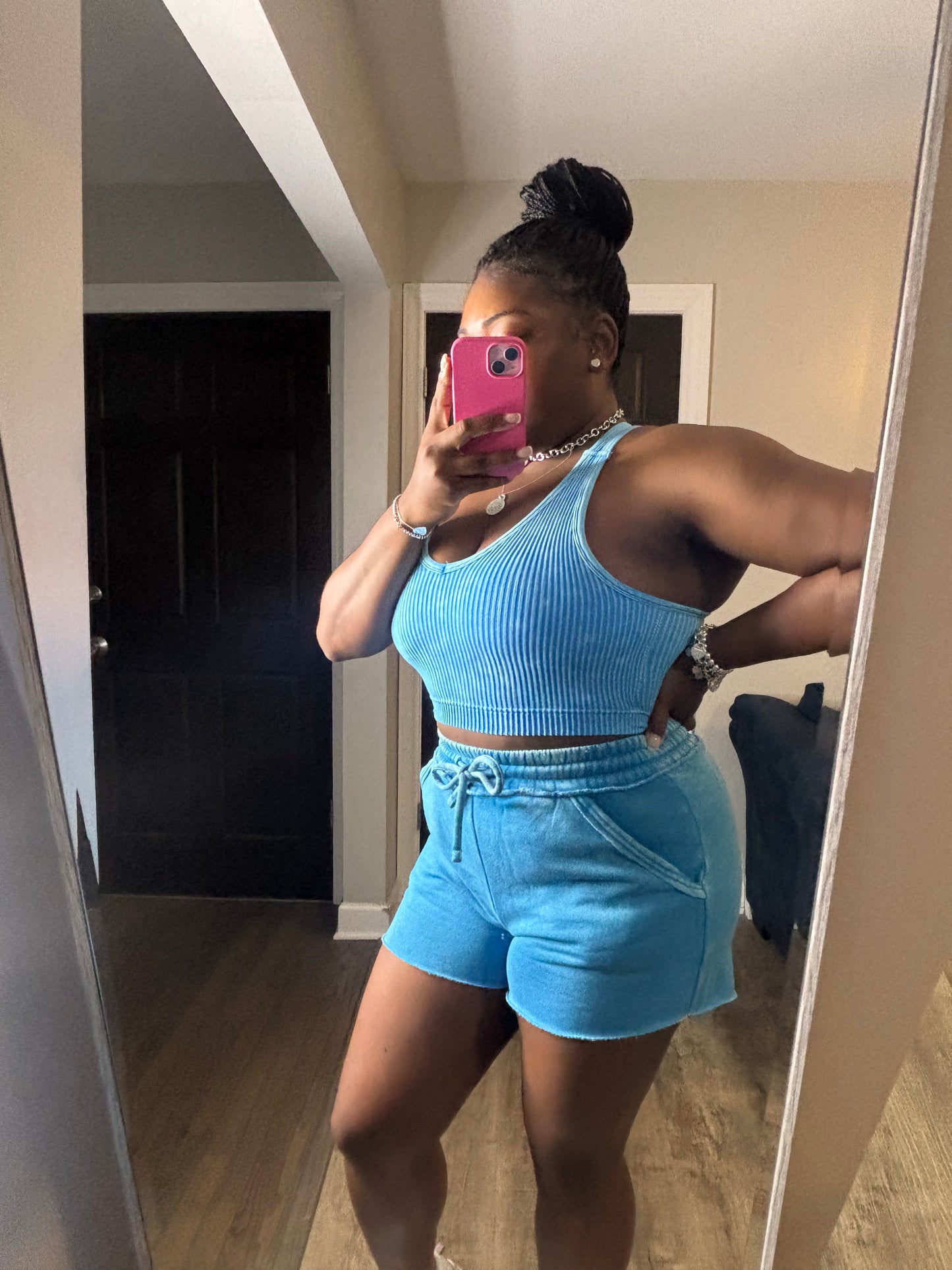 Blue Acid Wash Short Set