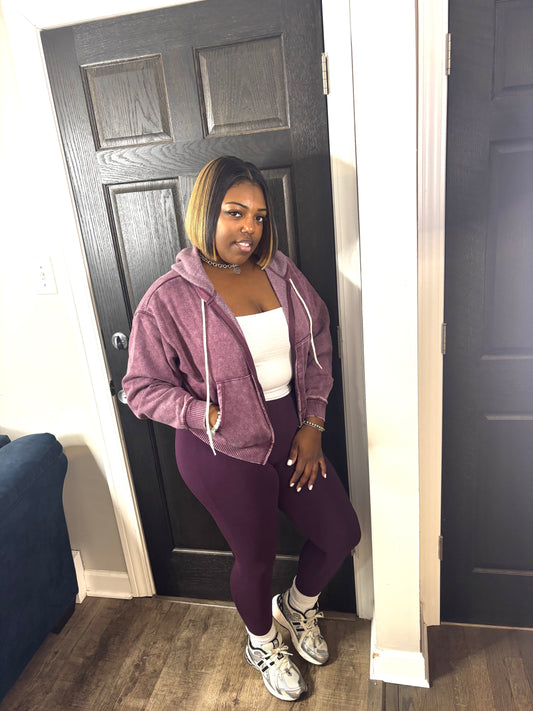 2 Piece Cropped Hoodie Zip Up Legging Set (Eggplant)