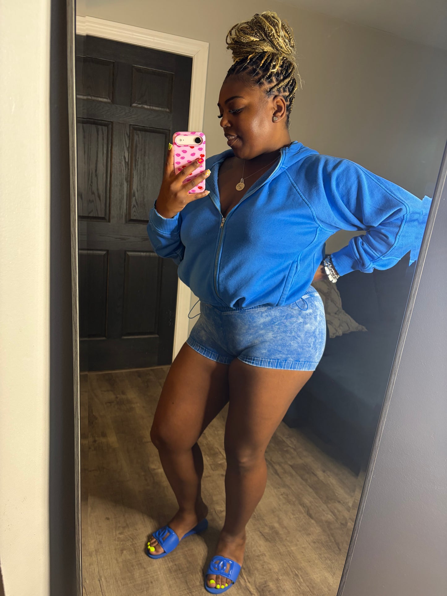 Blue 2 Piece Hoodie Short Set