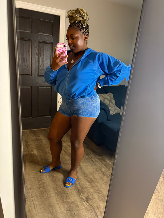 Blue 2 Piece Hoodie Short Set