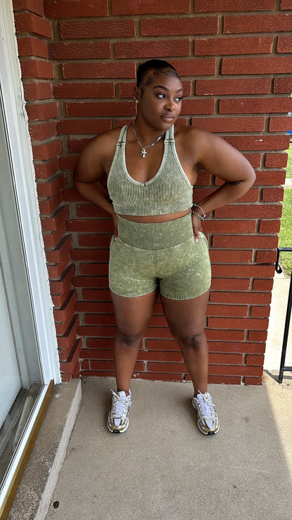 Olive Stone Washed Short Set