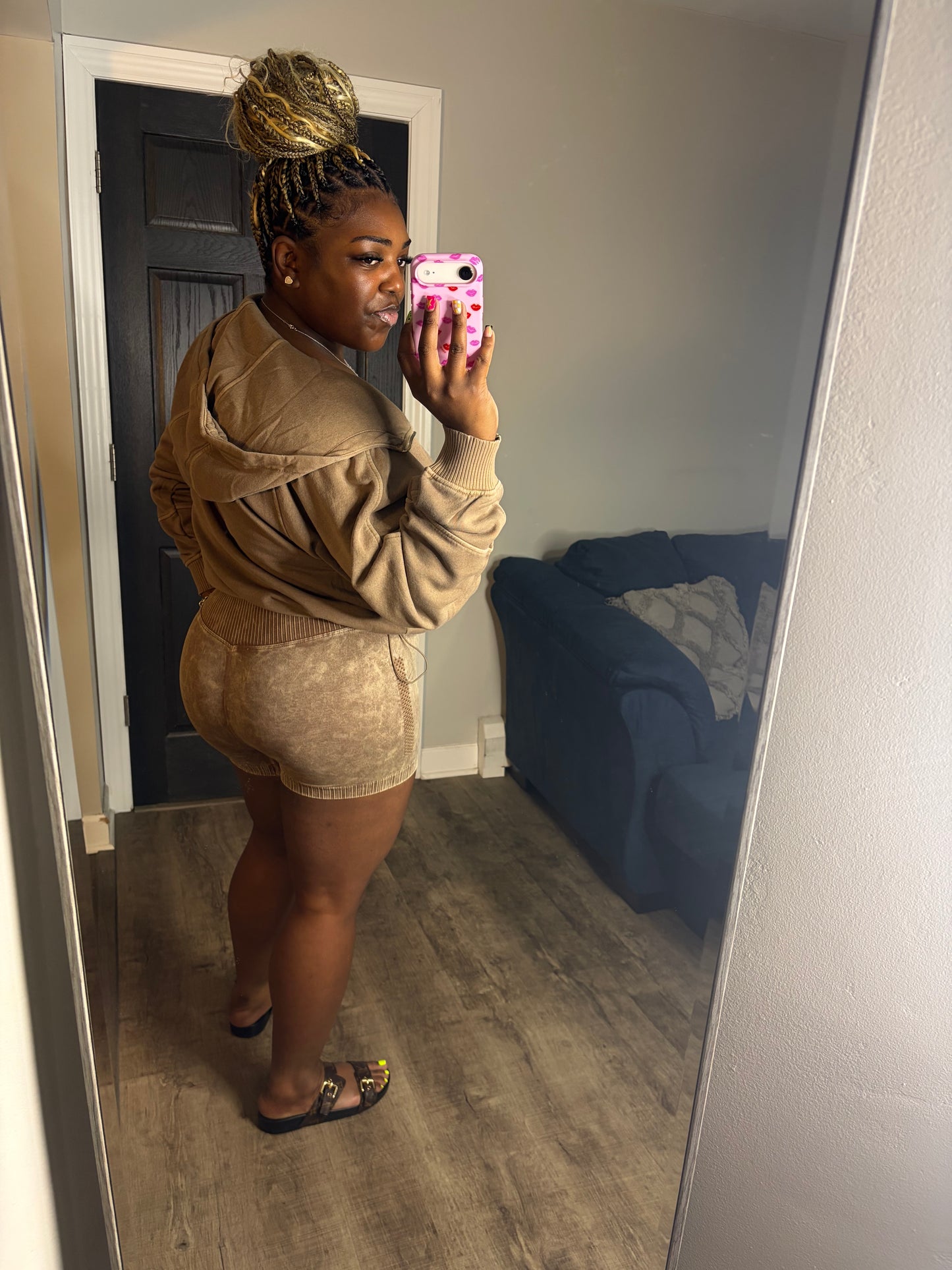 Mocha 2 Piece Hoodie Short Set