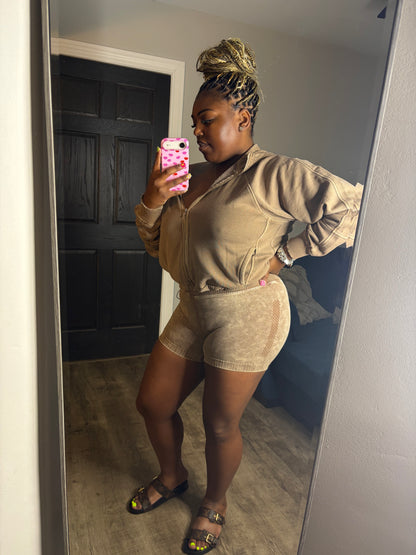 Mocha 2 Piece Hoodie Short Set