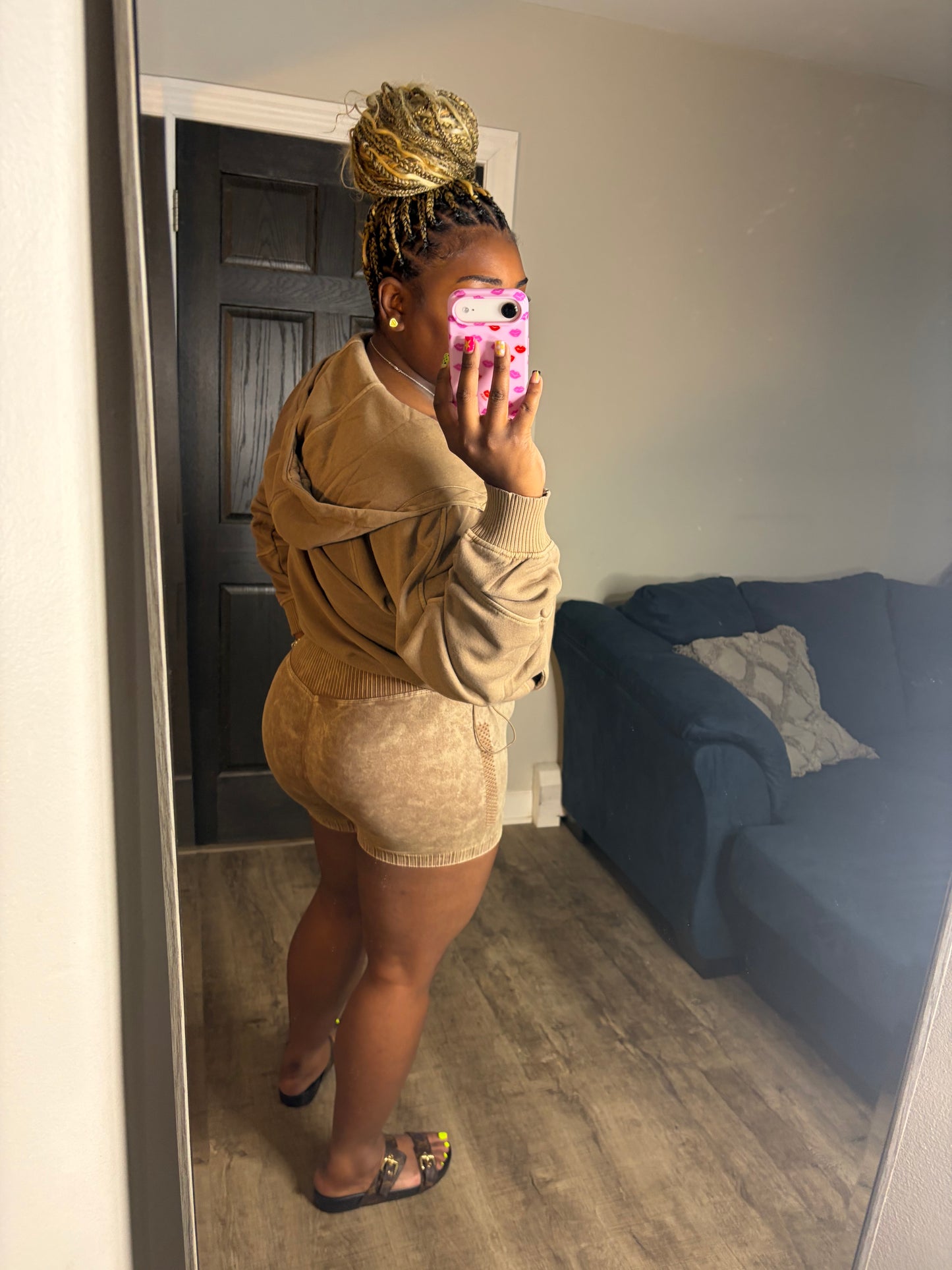 Mocha 2 Piece Hoodie Short Set