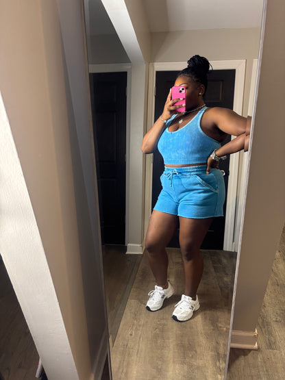 Blue Acid Wash Short Set