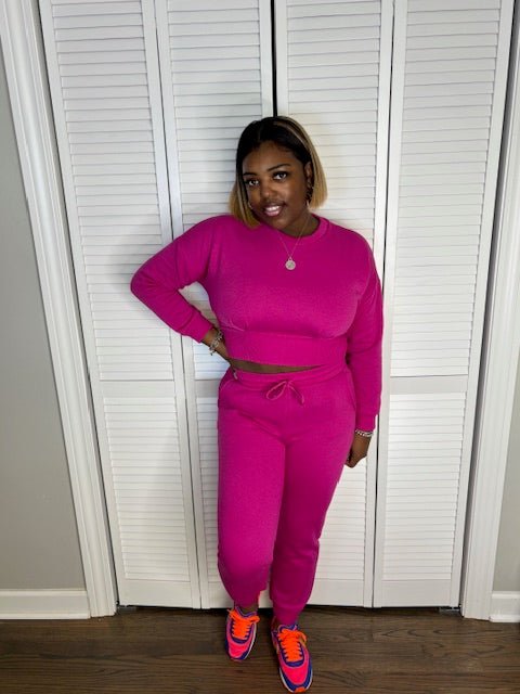 Crop Sweatshirt & Jogger Pants Set (Magenta)