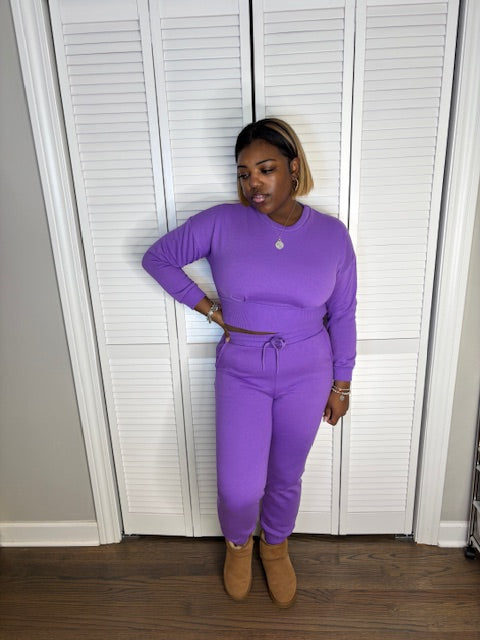 Crop Sweatshirt & Jogger Pants Set (Purple)