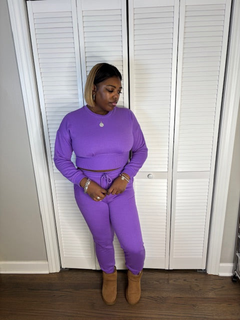 Crop Sweatshirt & Jogger Pants Set (Purple)