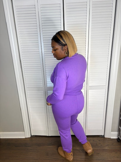 Crop Sweatshirt & Jogger Pants Set (Purple)