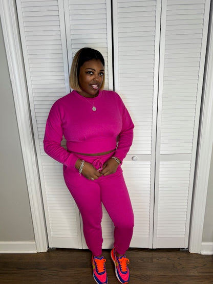 Crop Sweatshirt & Jogger Pants Set (Magenta)