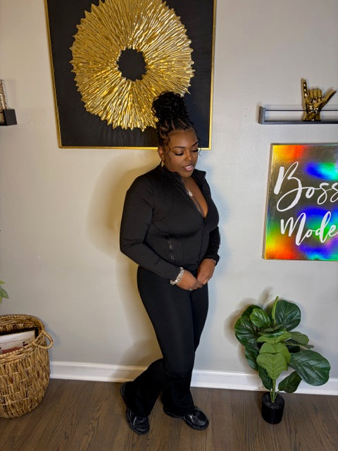 Black Activewear Bootcut Set (Zip-Up Jacket + Pants)
