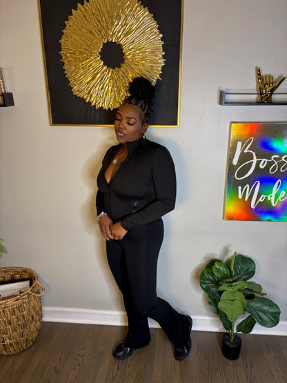 Black Activewear Bootcut Set (Zip-Up Jacket + Pants)