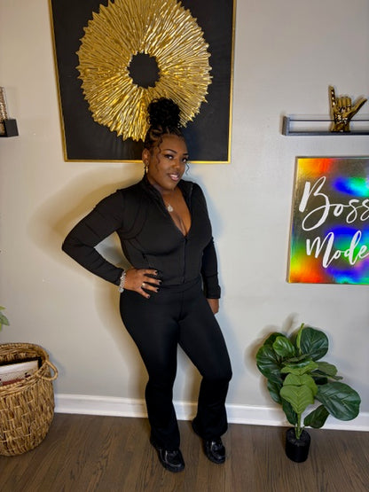 Black Activewear Bootcut Set (Zip-Up Jacket + Pants)