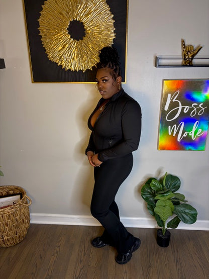 Black Activewear Bootcut Set (Zip-Up Jacket + Pants)