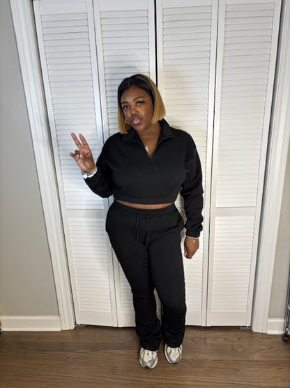 Crop Zip Top Jogger Set (Black)