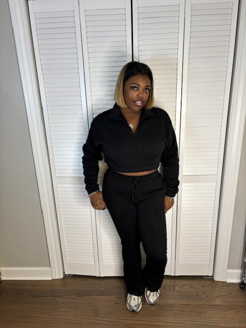 Crop Zip Top Jogger Set (Black)