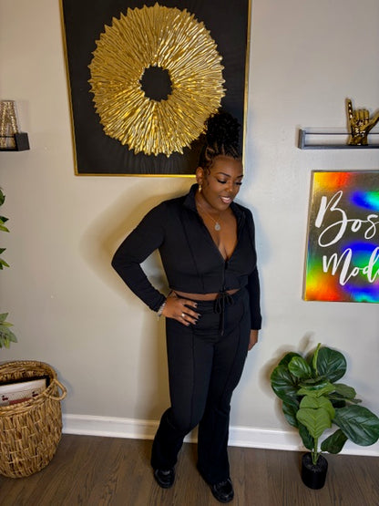 Black Drawstring Bootcut Pants Set