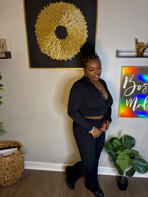 Black Drawstring Bootcut Pants Set