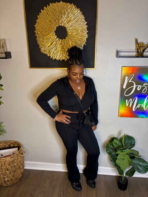 Black Drawstring Bootcut Pants Set