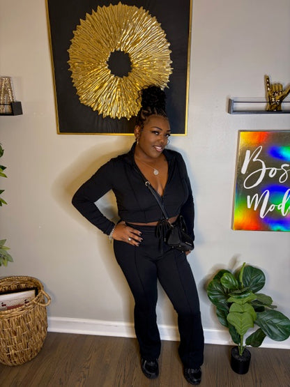 Black Drawstring Bootcut Pants Set